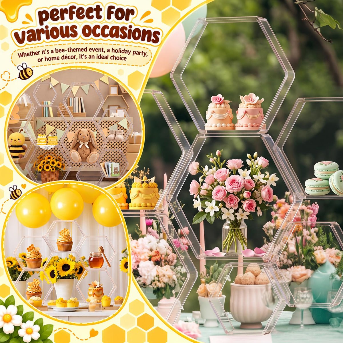 Xuhal 10 Pcs Acrylic Honeycomb Decorations, 5 Sizes Clear Hexagon Stands