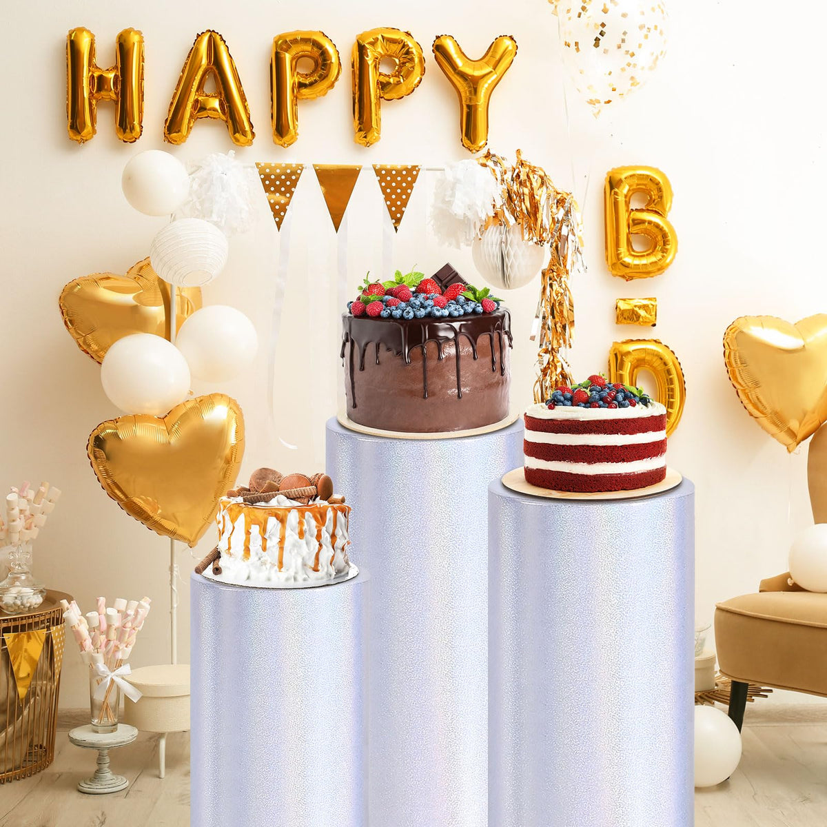 Set of 3 White Cylinder Spandex Stand Covers, Plinth Stand Glitters Cover for Party Wedding Birthday Decor - Only Contains Cylinder Covers (Laser Reflective Fabric - Small)
