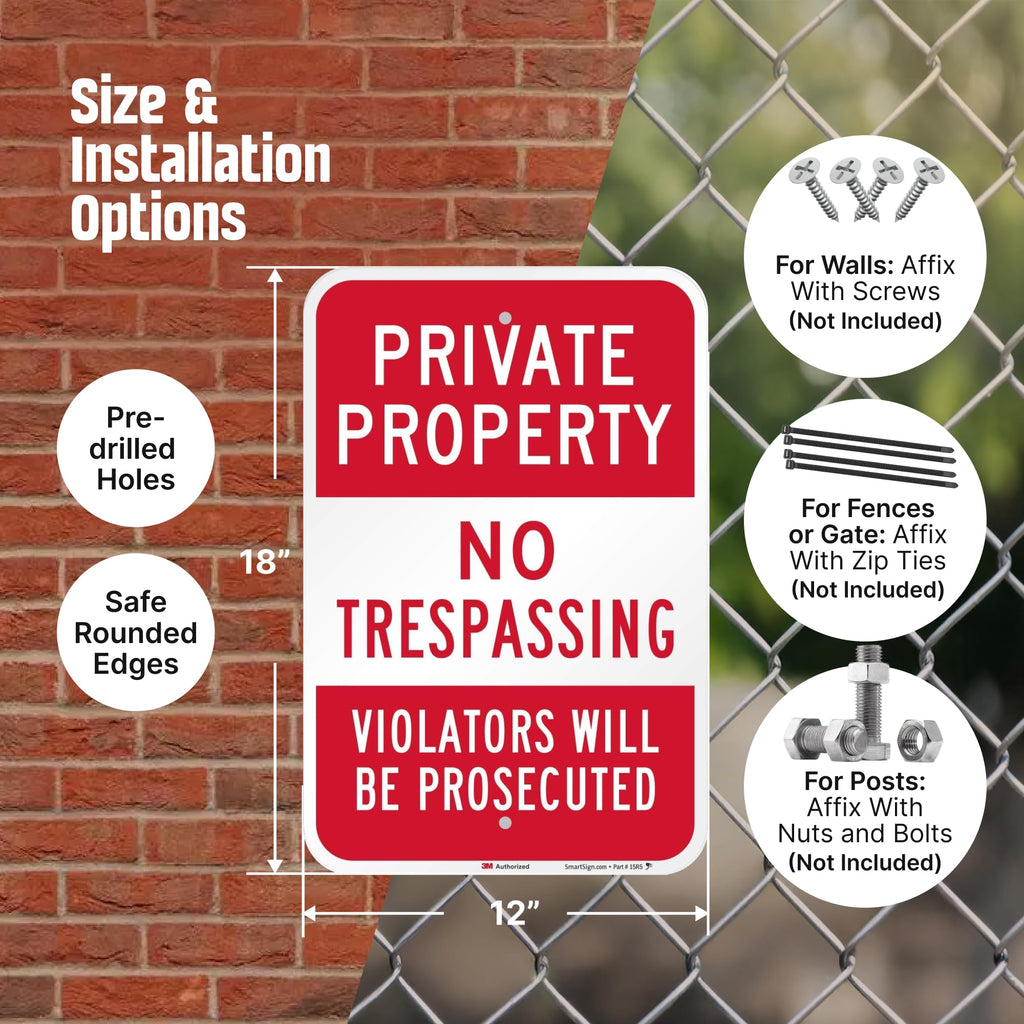 SmartSign Private Property No Trespassing Sign - 2 Pack, Violators Prosecuted Sign, 18 x 12 inch, 2mm Aluminum Composite, Red and White, Made in USA ACM 12" x 18" - Pack of 2