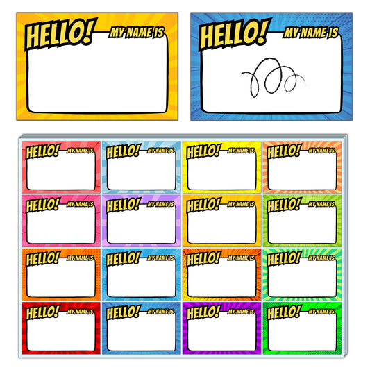 400 Pieces - Name Tags Sticker for Kids, Hello My Name is Superhero Fun Party Labels - 16 Designs, 3" x 2"