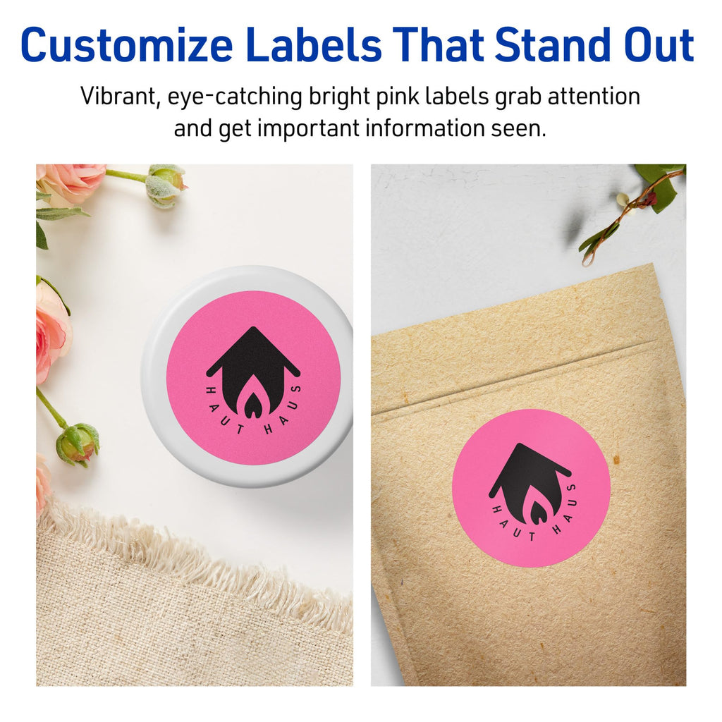 Avery Printable Round Labels, Sure Feed Technology, 2-3/4" Diameter, Bright Pink Labels, Print-to-The-Edge, Laser/Inkjet Printable, 240 Total, Great for Soaps and Packaging 240 labels