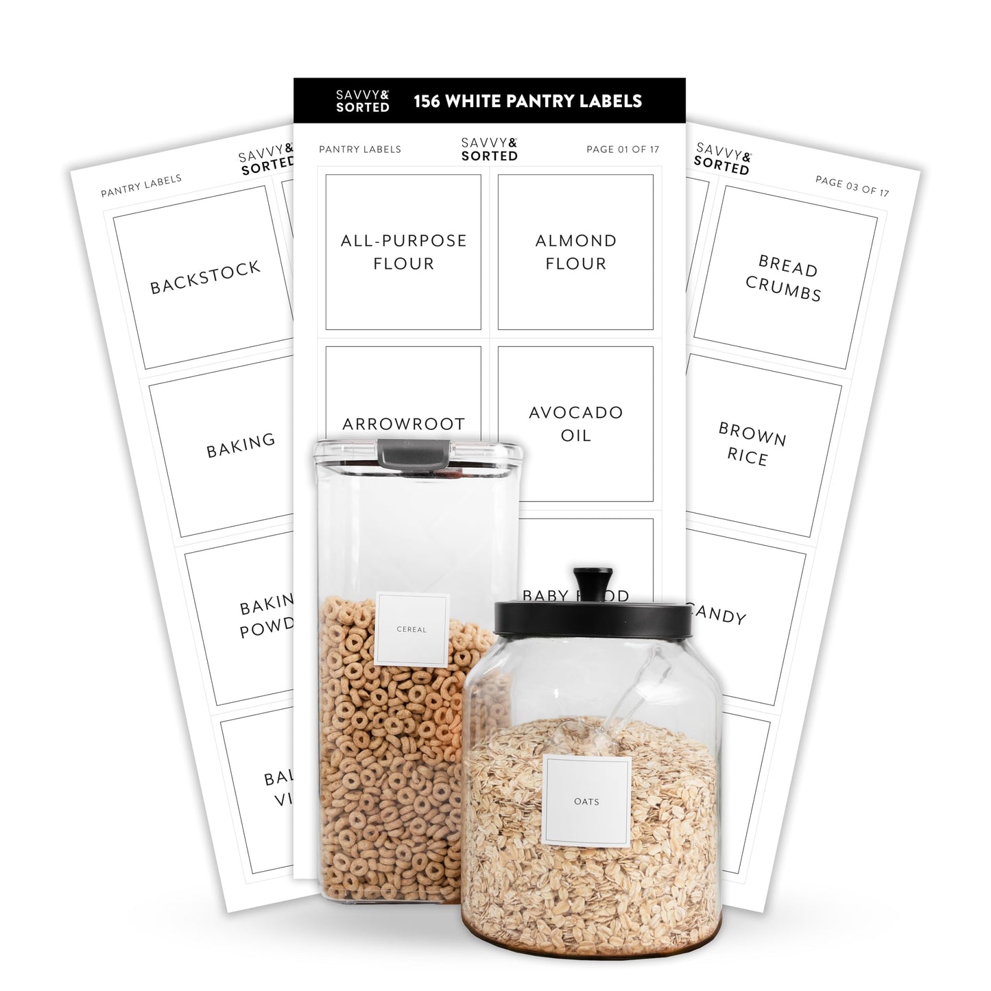 Pantry Labels for Food Containers, 156 Preprinted Kitchen Labels for Storage Bins and Glass Jars, Waterproof Removable Organizing Stickers for Food and Pantry Essentials Modern White Pantry Labels