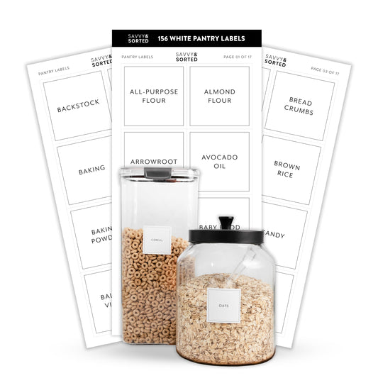 Pantry Labels for Food Containers, 156 Preprinted Kitchen Labels for Storage Bins and Glass Jars, Waterproof Removable Organizing Stickers for Food and Pantry Essentials Modern White Pantry Labels
