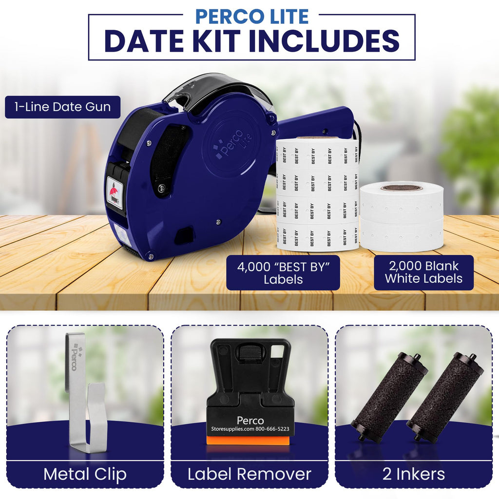 Perco Lite 1 Line Date Gun Kit for Retail Business – Includes 2 White Rolls, 4 Rolls of Best By Labels, Gun Clip & Ink Rollers – Pre-Loaded w Labels & Ink