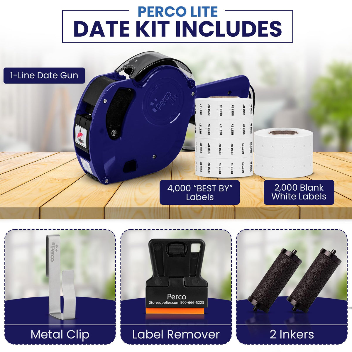 Perco Lite 1 Line Date Gun Kit for Retail Business – Includes 2 White Rolls, 4 Rolls of Best By Labels, Gun Clip & Ink Rollers – Pre-Loaded w Labels & Ink