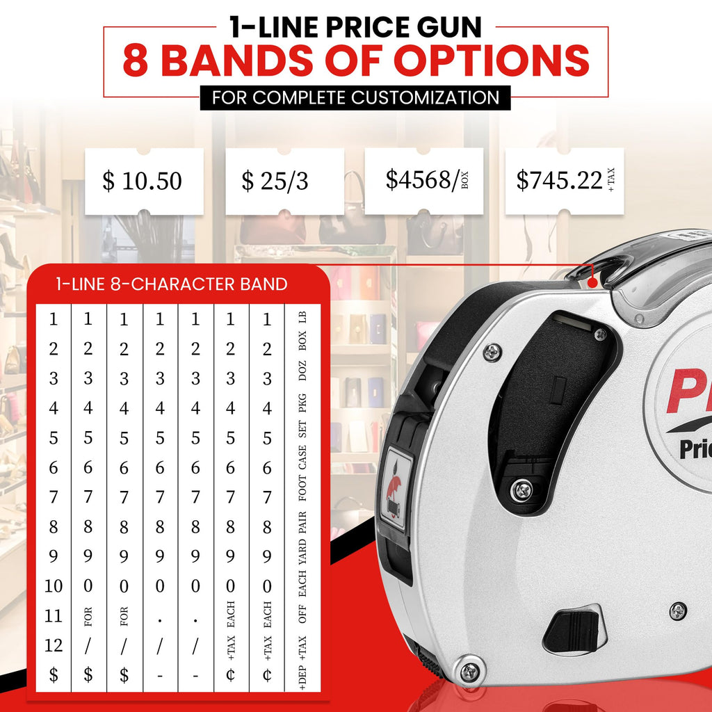 Perco Plus 1-Line Price Marking Gun with Labels Kit - Compares to Monarch 1131-01 Band Includes 1-Line 8-Character Band Price Labeler Gun, 9,000 Blank White Labels, a Label Scraper, and an Extra Inker Price Gun Kit