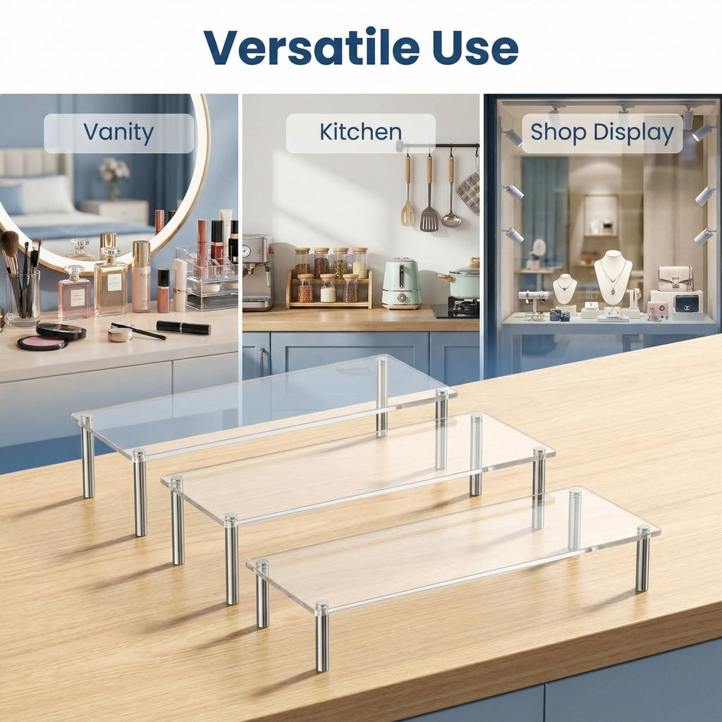 Acrylic Display Risers Clear Rectangular Stands with Metal Support Posts for Cake Stand Styling Countertop Tiered Organizer Small Size Transparent One Piece