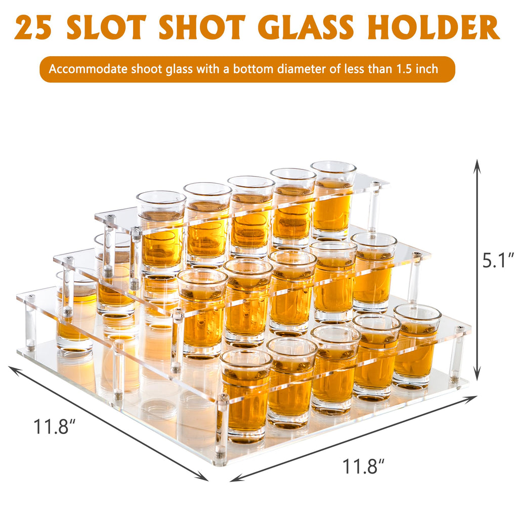 HeiMma Acrylic Shot Glass Holder, Shot Glass Display Stand Storage and Organizer Serving Tray for Party, Bar, Drinking Club, Restaurant, 25 Slots, Hole: 1.57” Shoot Glasses Not Included