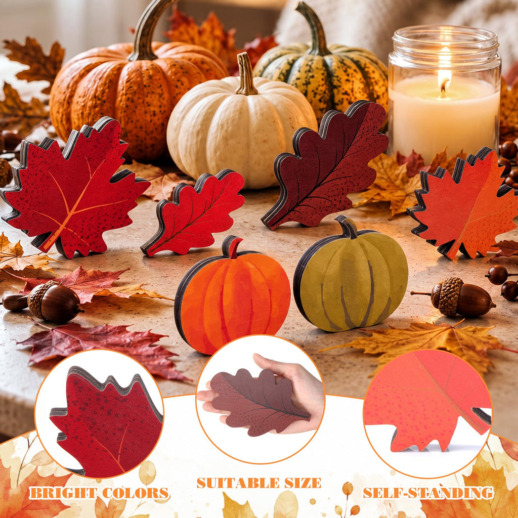 Yookeer 12pcs Fall Tiered Tray Decor Wooden Pumpkin Maple Oak Leaves 12