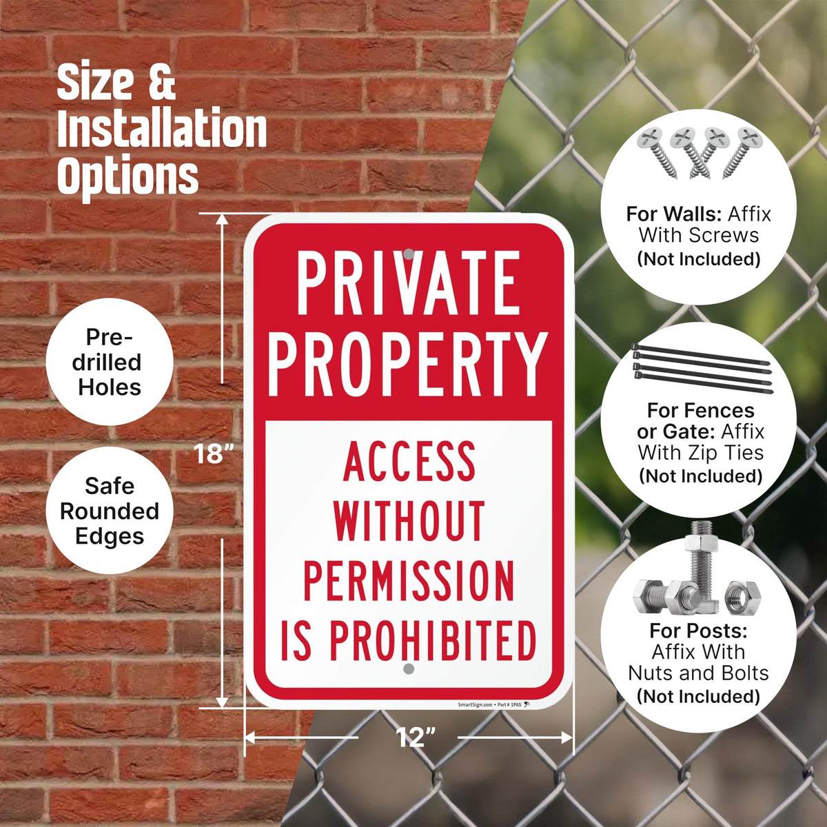SmartSign Private Property Access Without Permission Prohibited Sign - 2-Pack, 12" x 18", 80 mil Thick Aluminum Composite (ACM), Pre-Drilled Holes, Red and White, Made in USA ACM - Pack of 2