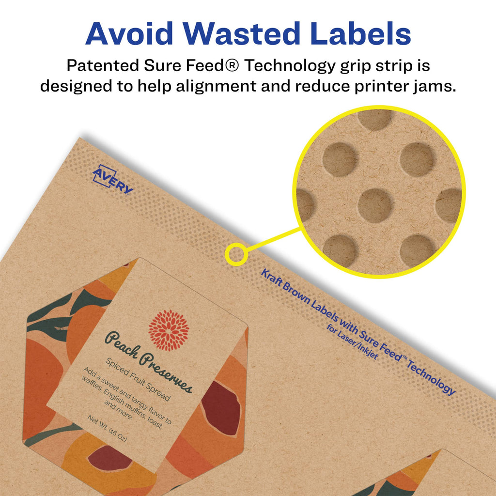 Avery® Kraft Brown Hexagon Labels, Sure Feed® Technology, 2-1/2" x 2-57/64", 150 Kraft Brown Labels, Print-to-The-Edge, Laser/Inkjet Printable 150 labels