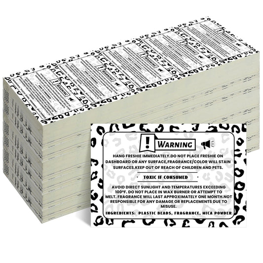 Yeaqee 500 Pcs Freshie Warning Label Stickers with Leopard Background Design 2.25 x 1.25 Inches Waterproof Freshies Care Instructions Labels for Car Supplies and DIY Crafts
