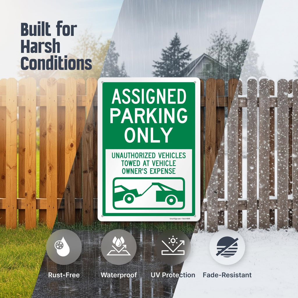 SmartSign 14 x 10 inch “Assigned Parking Only, Unauthorized Vehicles Towed” Metal Sign, 40 mil Laminated Rustproof Aluminium, White and Green, Made in USA 14x10 inches