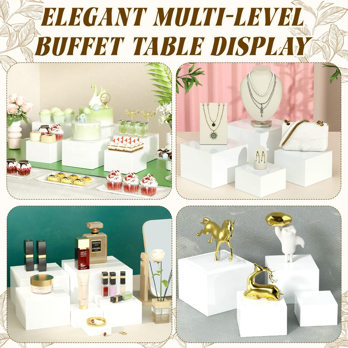 6 Pcs White Acrylic Buffet Risers with 6 Mini Sign and 6 Marker (6 sets)