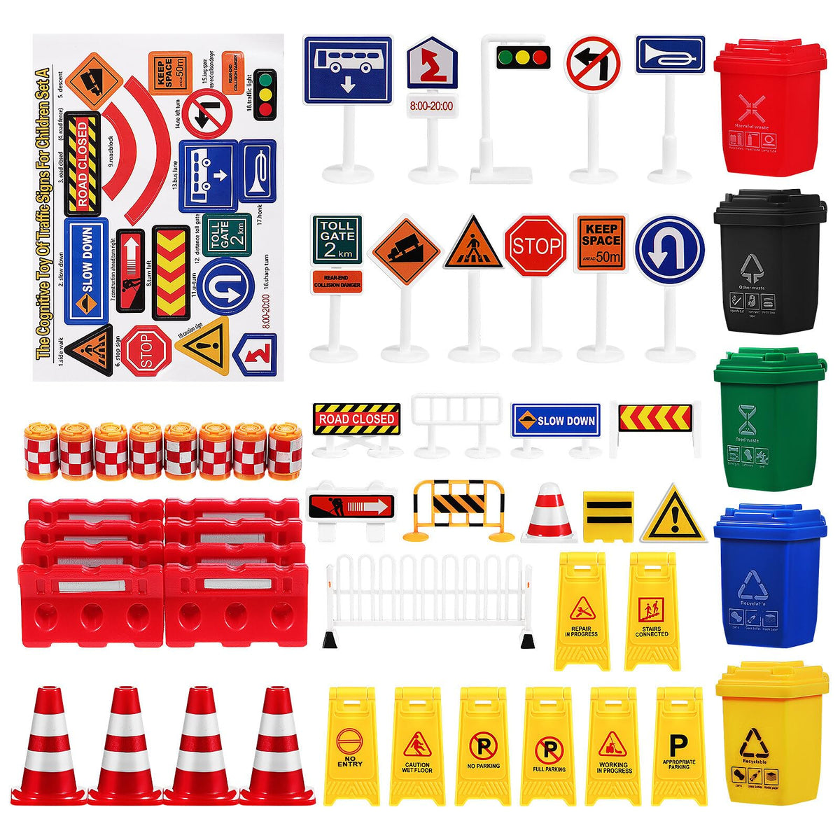 105PCS Mini Traffic Road Signs Set Mini Traffic Cones Construction Toys Miniature Trash can Light Crosswalk Signal Roadblocks Street Playset for Safety Education Plaything