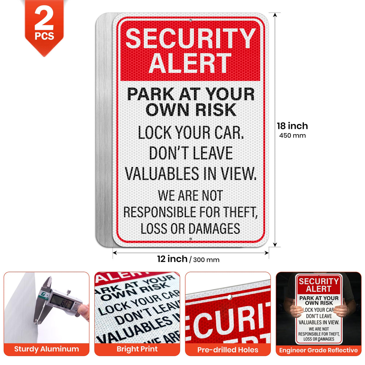 2 PCS Security Alert Park At Your Own Risk Sign 12" × 18" Aluminum