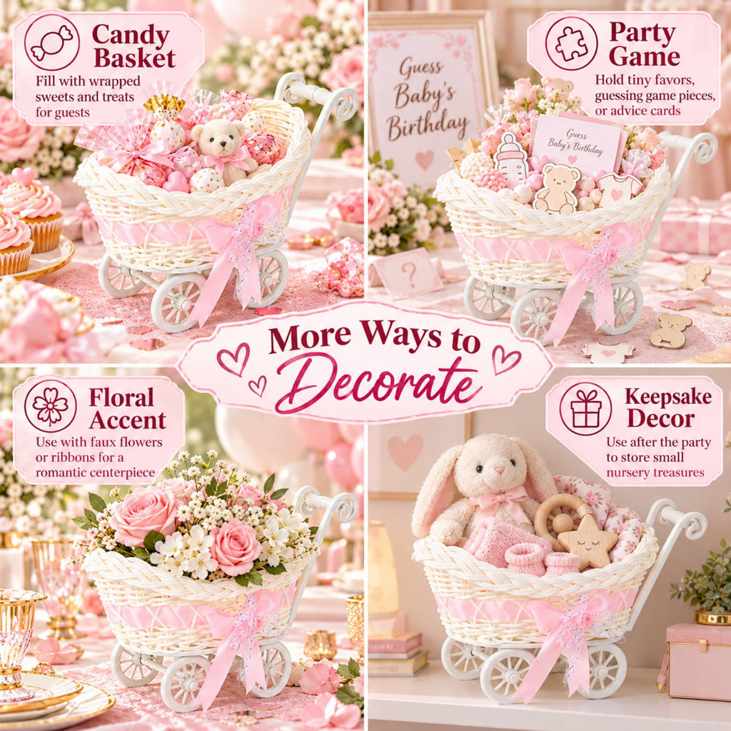 POPETPOP Mini Wicker Baby Carriage Decor, Pink Rattan Mini Shopping Basket
