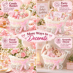 POPETPOP Mini Wicker Baby Carriage Decor, Pink Rattan Mini Shopping Basket