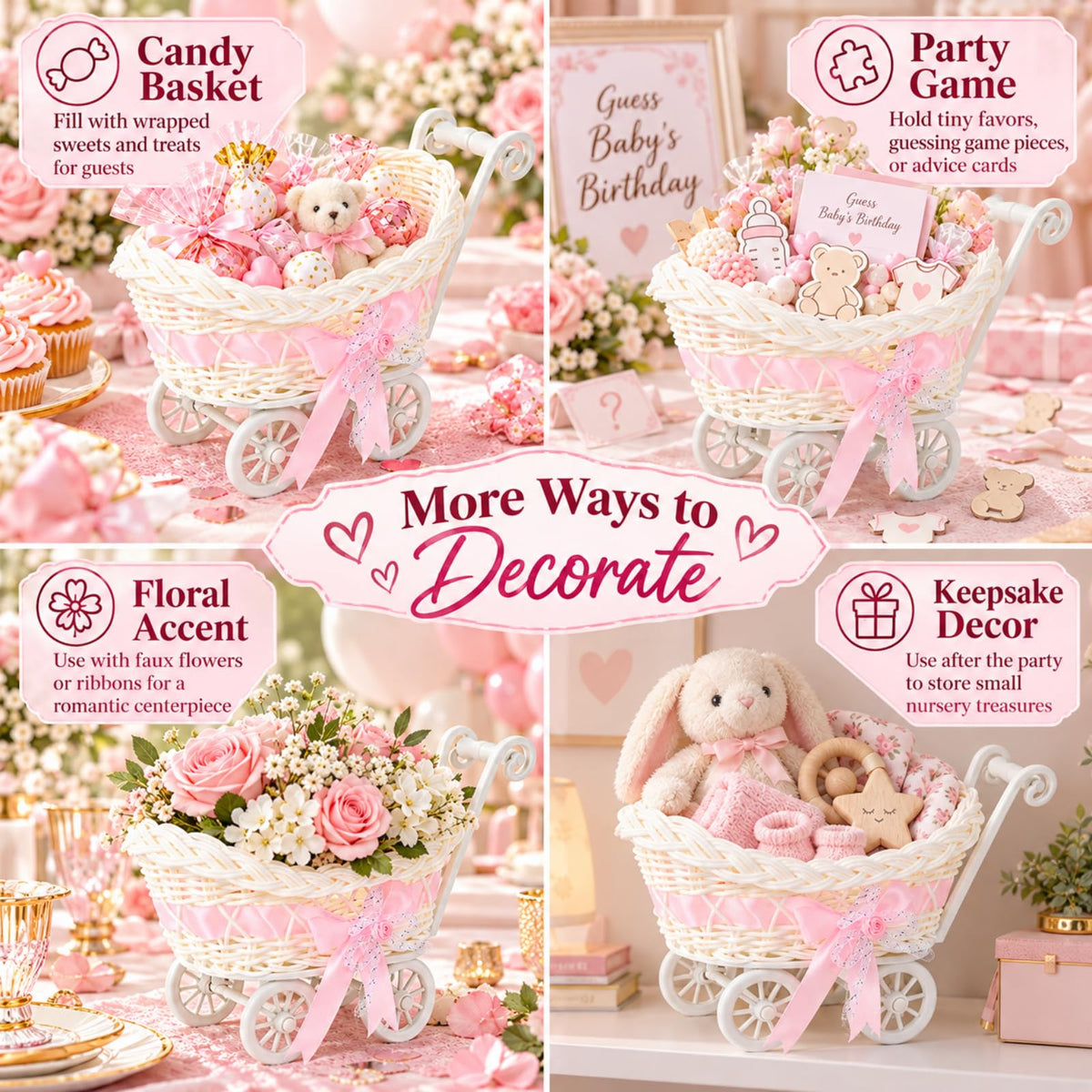POPETPOP Mini Wicker Baby Carriage Decor, Pink Rattan Mini Shopping Basket