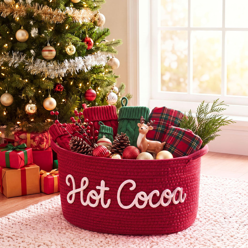 Meanplan Hot Cocoa Gifts Basket Empty Wiith Handles, Red