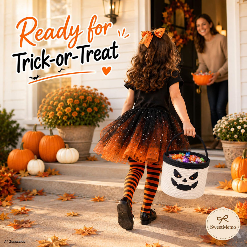 Halloween Trick or Treat Basket, White Ghost 9.4×7.5 in