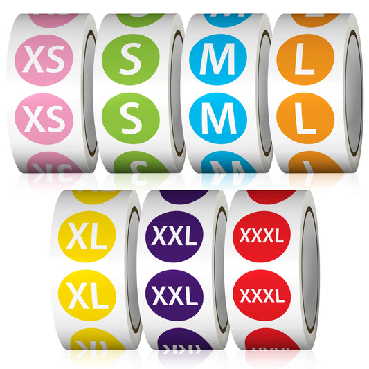 3500 Pcs 7 Sizes 7/8 Inch Clothing Size Stickers Labels Rolls,Color Round Self Adhesive Apparel Size Labels Stickers for T-Shirts Trousers Skirt Retail & Home - (XS,S,M,L,XL,XXL,XXXL) Multicolor