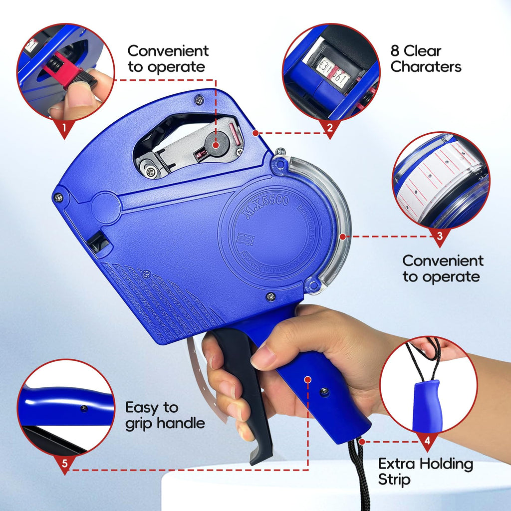 2 Pack 8 Digits Price Tag Gun with 5000 Labels & 4 Ink Rollers Kit blue