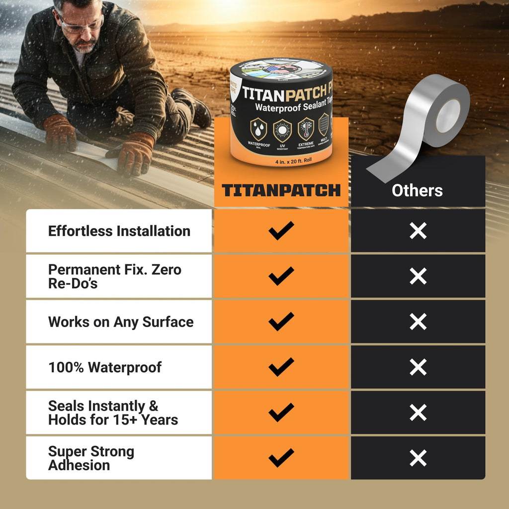 TITANPATCH PRO Waterproof Sealant Tape – Black 4" x20' – Stops Leaks Fast & Stays Sealed for 15+ Years – Sticks to RVs, Roofs, Pools, Boats, Gutters – Built for Harsh Weather (-40°F to 190°F) 4" x 20ft