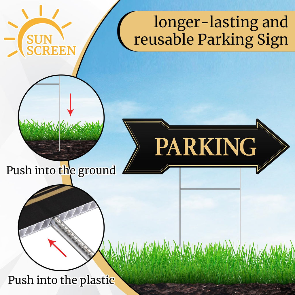 Menkxi 6 Pack Arrow Parking Signs with Stakes, Black Gold Double Sided