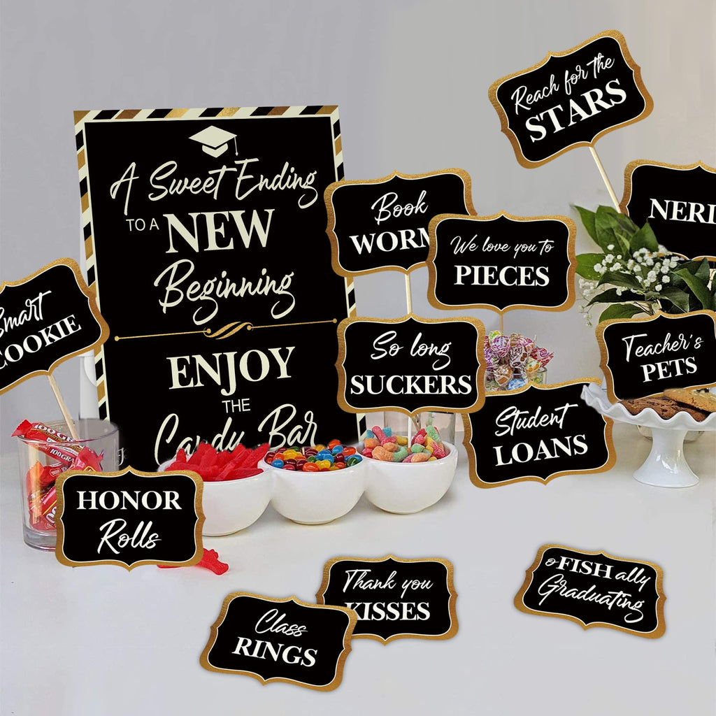 2026 Graduation Candy Buffet Signs Decorations, Black Gold Grad Party Candy Bar Signs Set Graduation Party Dessert Food Decorations