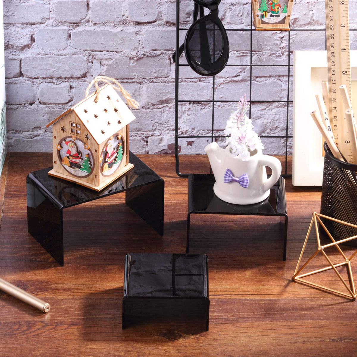 Chuangdi 2 Sets Acrylic Display Risers, Figure Stand, Black, Small Set
