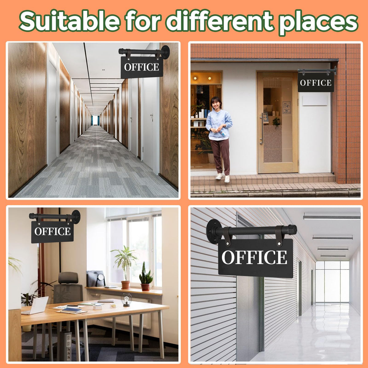 Modern Office Sign 11" x 6" Double-Sided Wall-Mounted Office Door Sign For Business UV Printed Indoor/Outdoor Pre-Drilled Holes with Metal Rod OFFICE - BLACK
