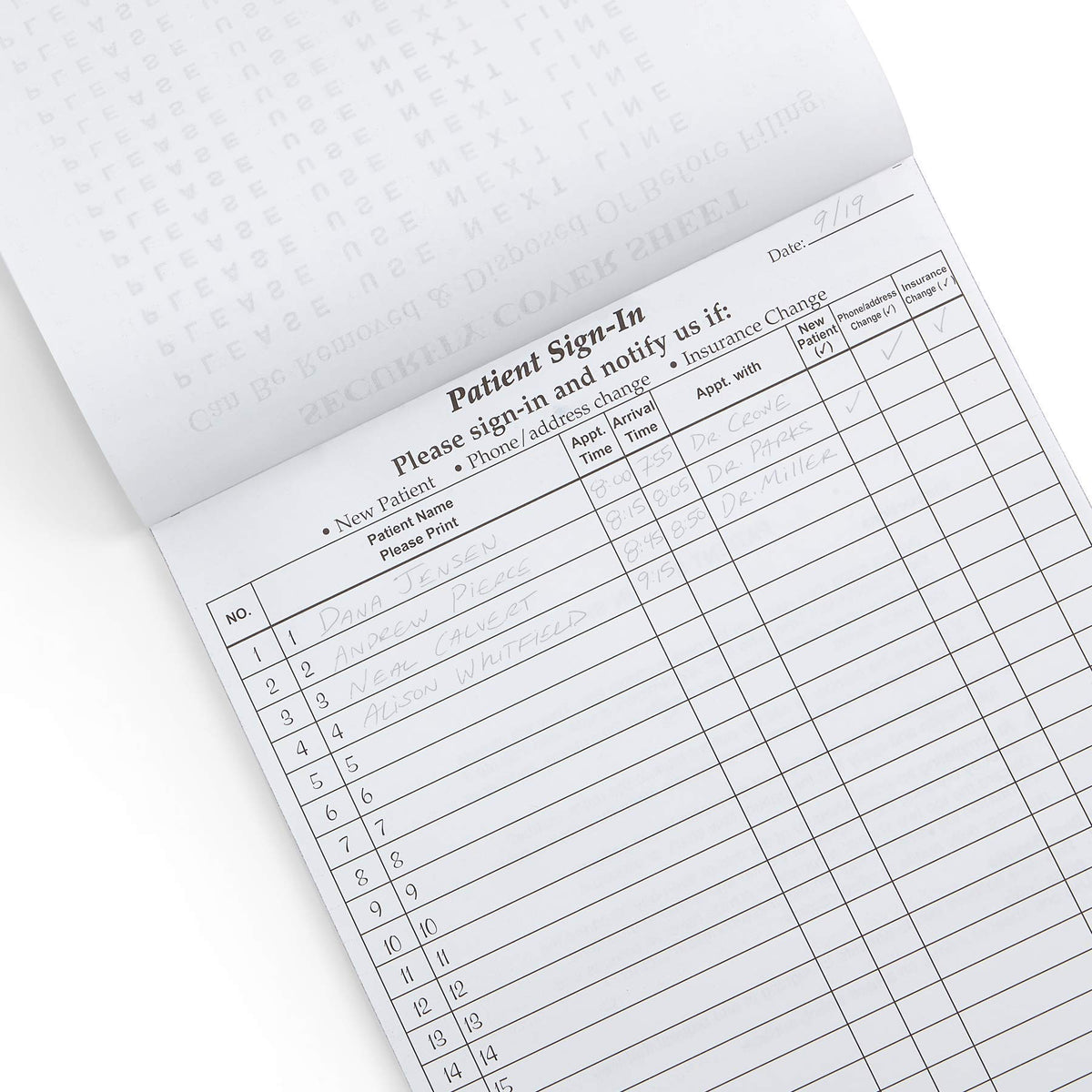 Blue Summit Supplies 25 patient sign-in forms with peel-away adhesive labels, carbonless 3-part medical filing forms in blue.
