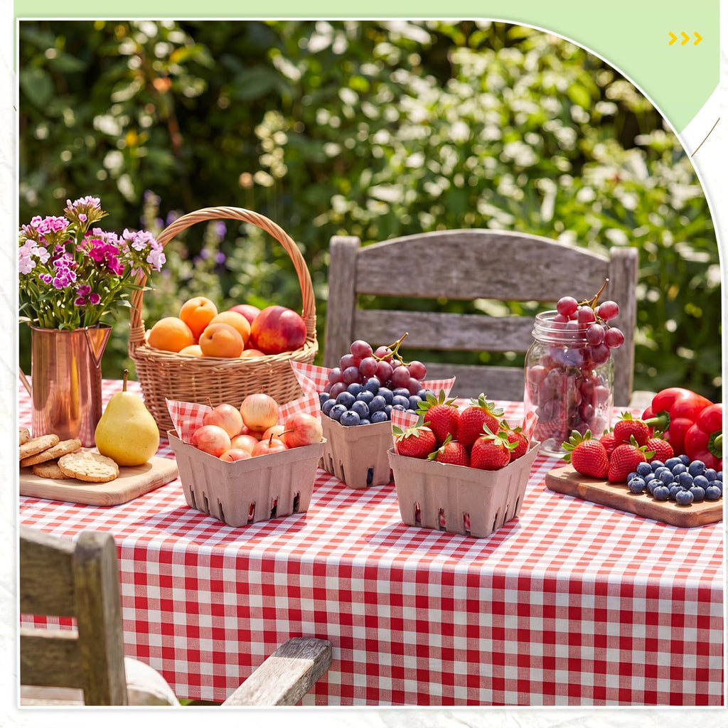 Domensi 50 Pcs Natural Pulp Fiber Berry Basket 100 Pcs Sheets of 10 x 10 Inches Wax Paper, Molded Ventilated Produce Baskets for Strawberry Blueberry Vegetable Farmer Market Grocery Stores Party Red