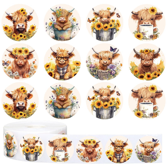 1000Pcs Highland Cow Stickers 8 Designs Watercolor Sunflower Cow Decorative Label Decals for Birthday Party Favor Water Bottles Laptop Scrapbook Decor