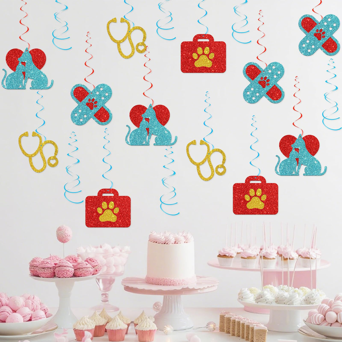 Veterinarian Hanging Swirl Decor Vet Graduation Foil Swirls Ceiling Decorations Vet Tech Week Backdrop Veterinary Party Decorations Red Blue Glitter