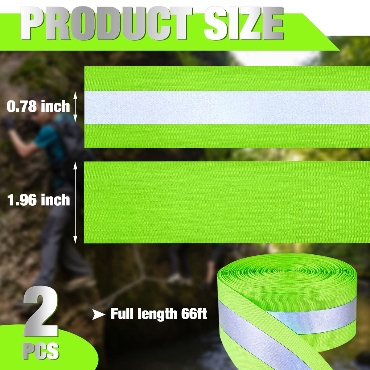 Taiyin 2 Rolls High Visibility Reflective Tape Strip 2'' x 66 ft Sew on Safety Fabric Webbing 2 cm Reflective Width Warning Florescent Safety Tape for Clothes Bags Raincoats(Green) Green