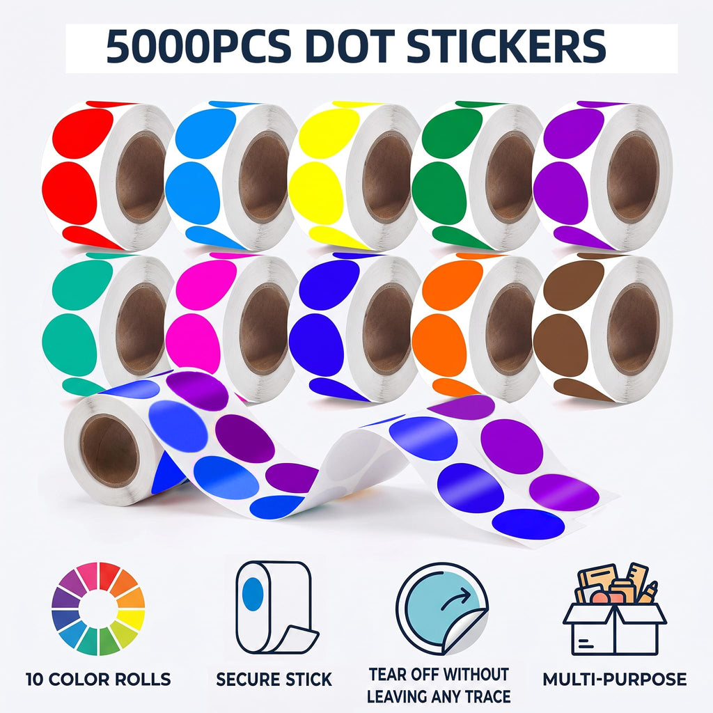 5000 PCS 3/4" Colored Dot Stickers 10 Colors 0.75 inch Circle Stickers 10 Roll/5000pcs