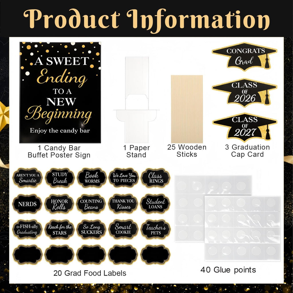 Spakon 24 Pcs Grad Candy Buffet Labels with Stand, Table Signs, Black Gold