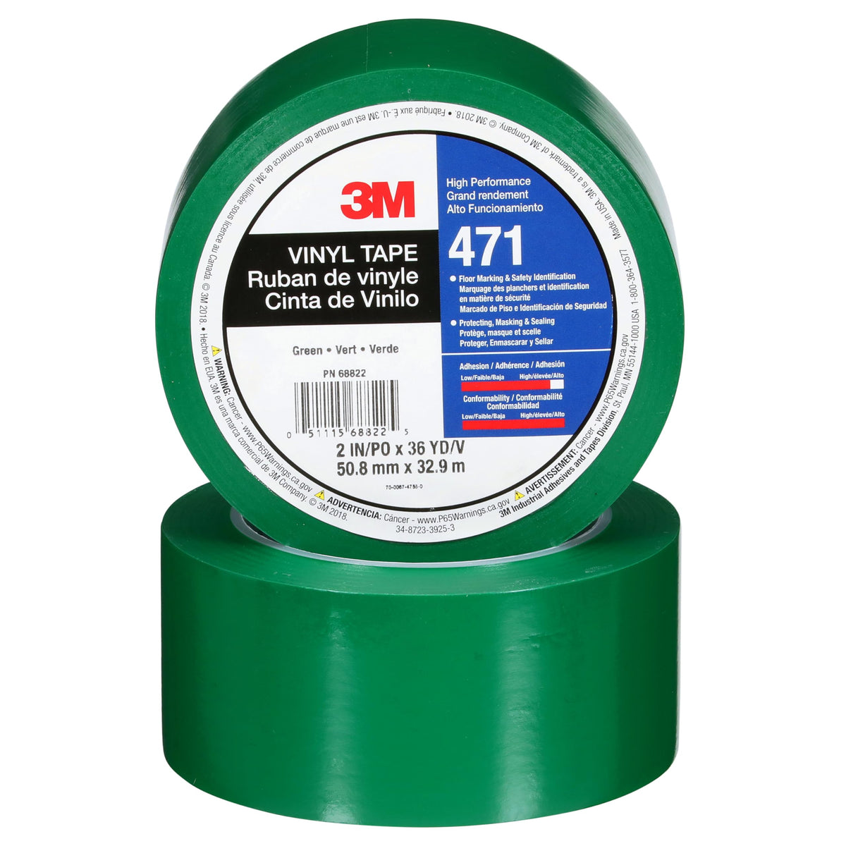 3M Vinyl Tape 471, 2 in x 36 yd, Green, 1 Roll, Green Floor Tape, Paint Alternative for Floor Marking, Social Distancing, Color Coding, Safety Marking