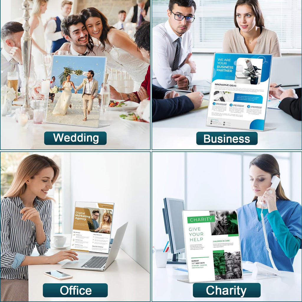 12 Pack Acrylic Sign Holder 8.5x11 Inches, Clear Plastic Table Paper Display Stand, L-Shape Vertical Menu Holder Stand, Clear Picture Photo Flyer Display Stand for Restaurants, Store, Office Desktop 12 Pack-L Shape-8.5X11