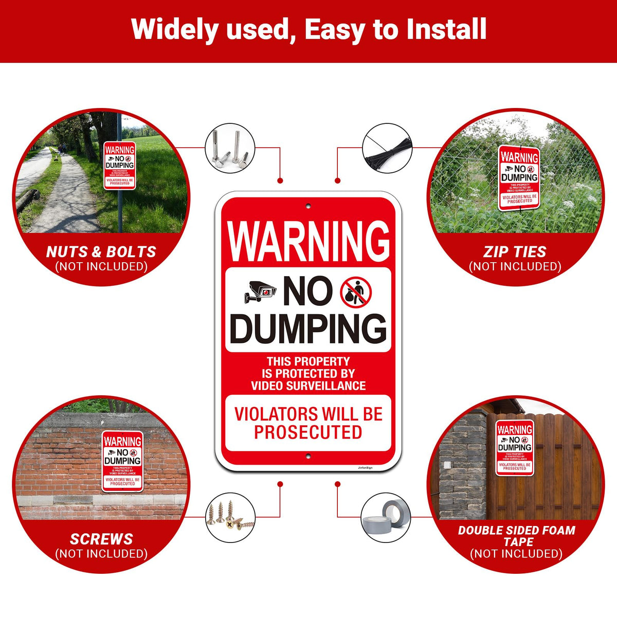 (2 Pack) No Dumping Signs, Property Protected by Video Surveillance Sign