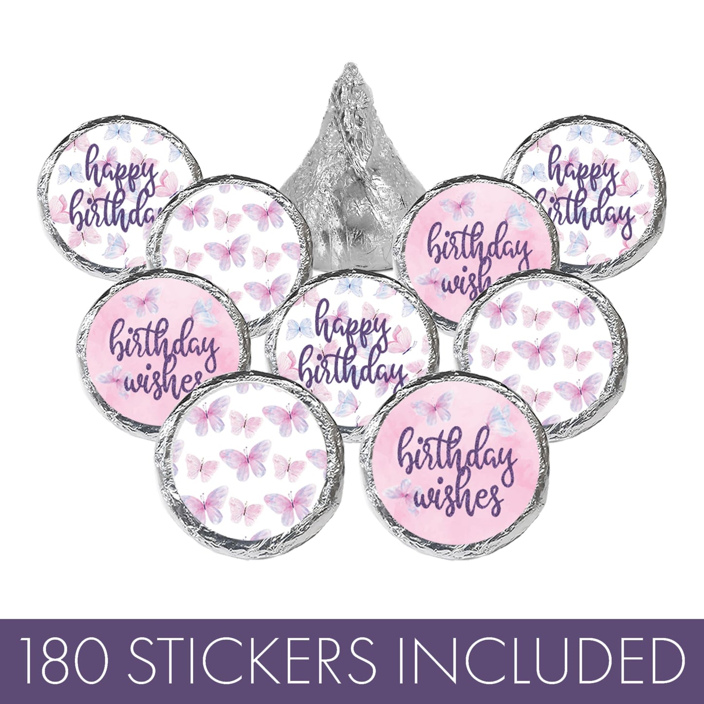 Butterfly Birthday Party Favor Chocolate Kisses Candy Stickers, Butterfly Wishes - 180 Count