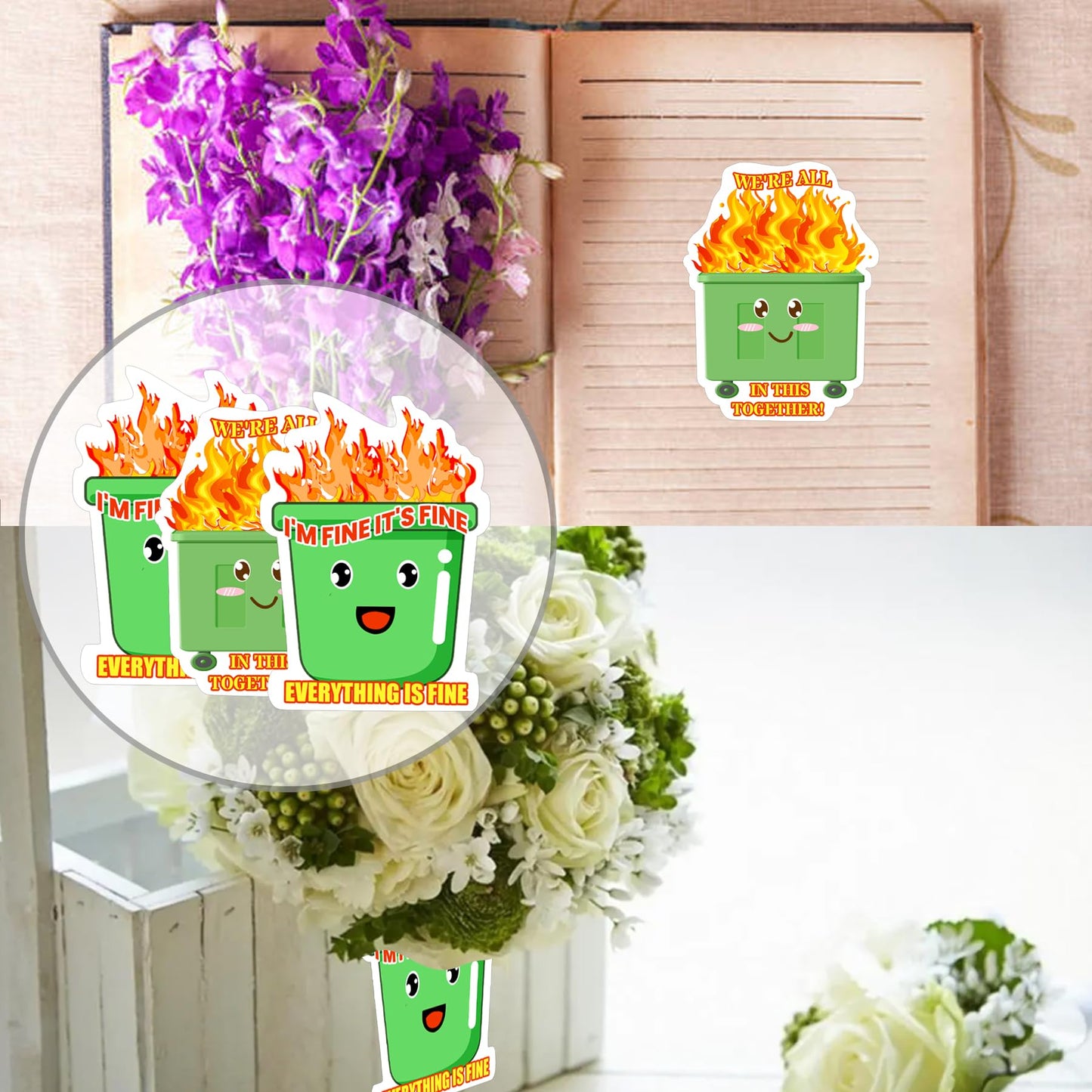 8 Pack It's Fine I'm Fine Everything is Fine Sticker Vinyl Stickers - 3 Inch Funny Fire Dumpster Sticker Inspiration Motivation Gift Decoration Laptop Labels Bumper Stickers