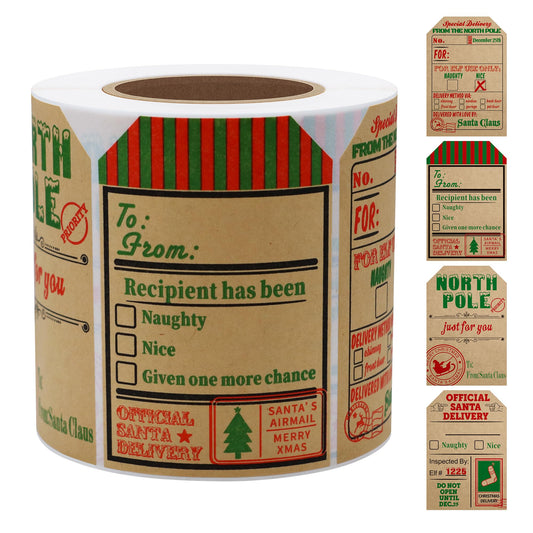 Hybsk 200pcs Christmas Santa Claus Stickers, Kraft Paper 2 x 3 Inch Christmas Cards Labels (Type 1) Type 1
