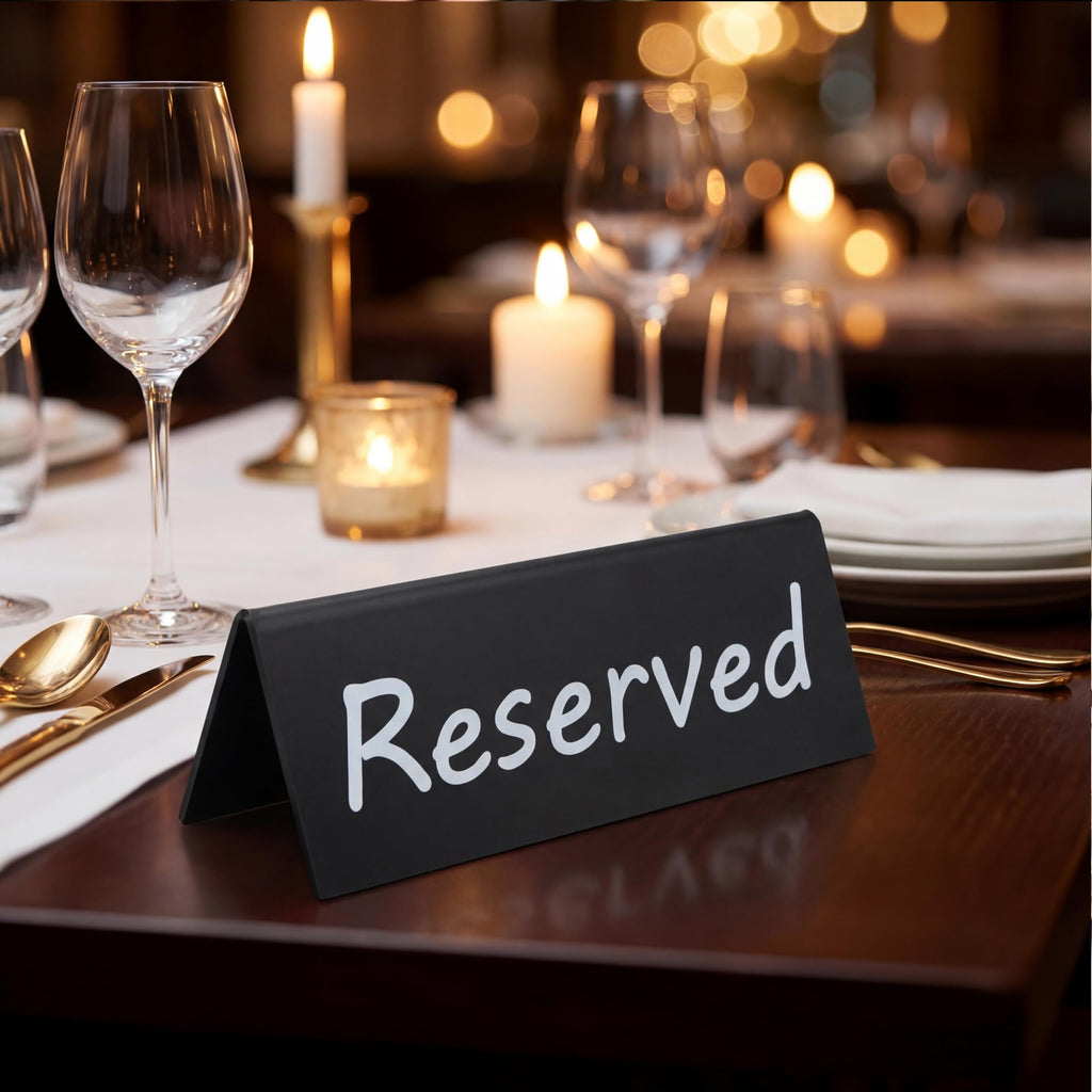 6 Pack Acrylic Reserved Table Signs for Wedding Party Restaurant - Double Sided Reserved Tent Sign for Tables Chairs - Wedding Accessories Guest Reservation Sign - 7.9 x 2.7 Inches - Black White Words Black Background