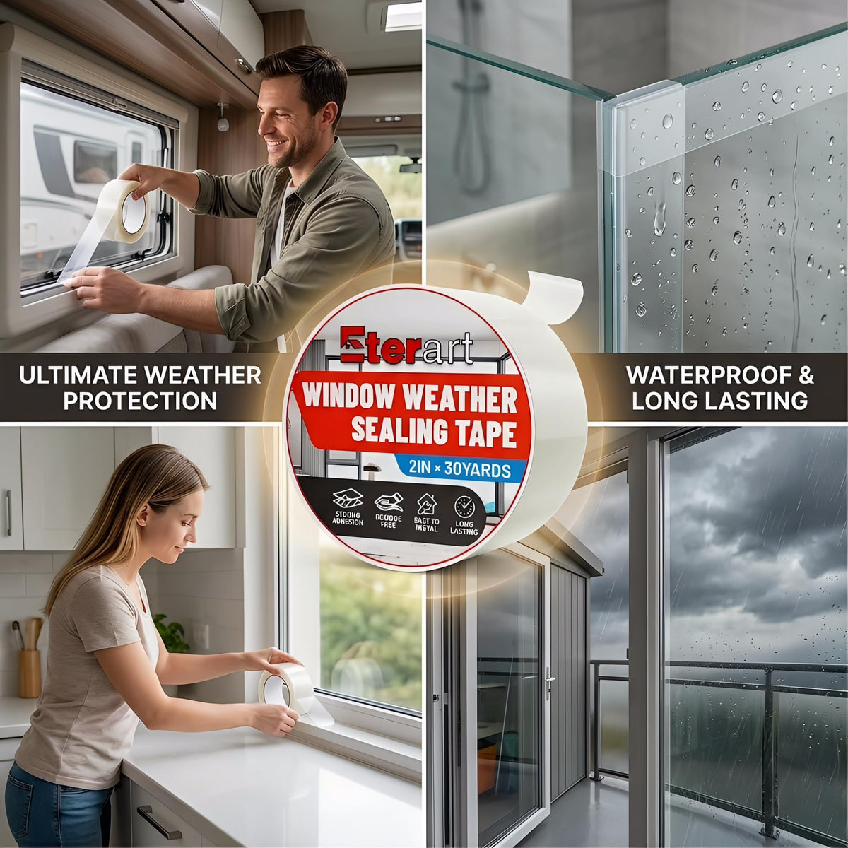 ETERART Transparent Weatherproof Seal Tape 2" x30Yds - Heavy Duty Waterproof Adhesive for Winter Drafts & Rain Leaks, No-Residue Weather Stripping for RVs, Windows, Doors & Renters 2" x 30 Yards