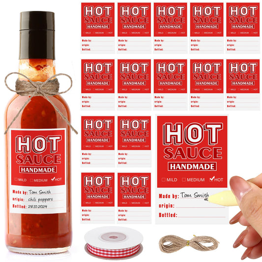 Hot Sauce Labels Spicy Sauce Stickers 3 x 2 Inch Homemade Hot Sauce Labels Bottle Labels with Ribbon and Rope for 4 oz or 8 oz Bottles for Personalized Gifts(Red,Classic) Red Classic