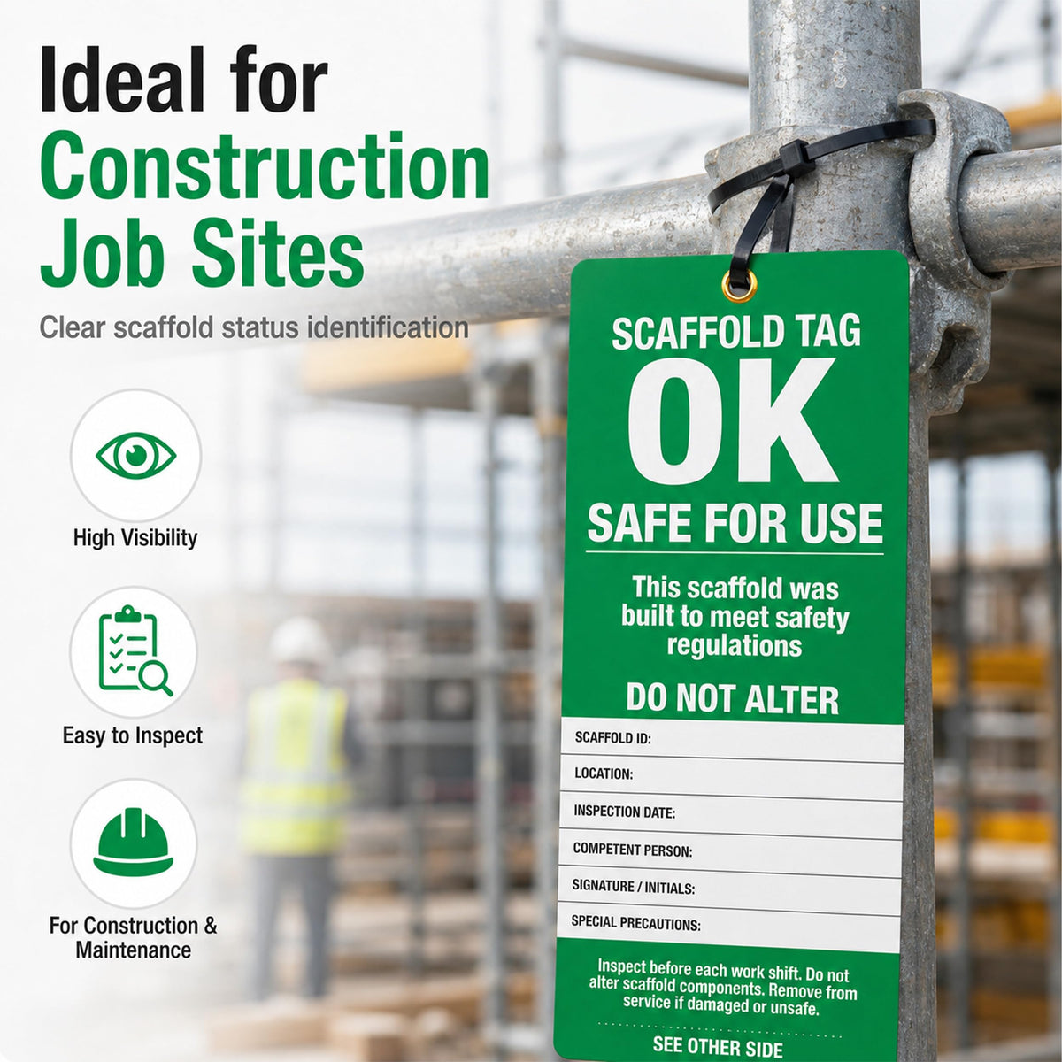 Scaffold Inspection Tags 25 Pack, OSHA Green Safety Tags with Cable Ties