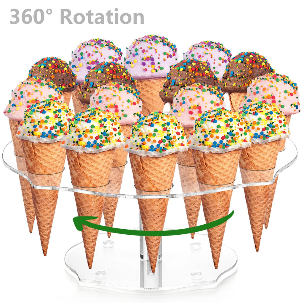 yarlung 2 Pack Ice Cream Cone Holder, 16 Holes Acrylic Waffle Cone Display Stand, Clear Hand Roll Sushi Popcorn Rack for Party Buffet Birthday Wedding